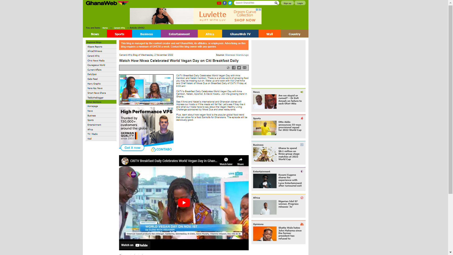 Ghana Web Article highlights CitiTV's World Vegan Day show tribute 2022-11-01